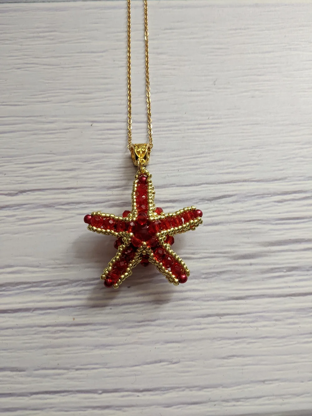 Gold Starfish Pendant Necklace with Red Crystal Accents - Women Jewelry
